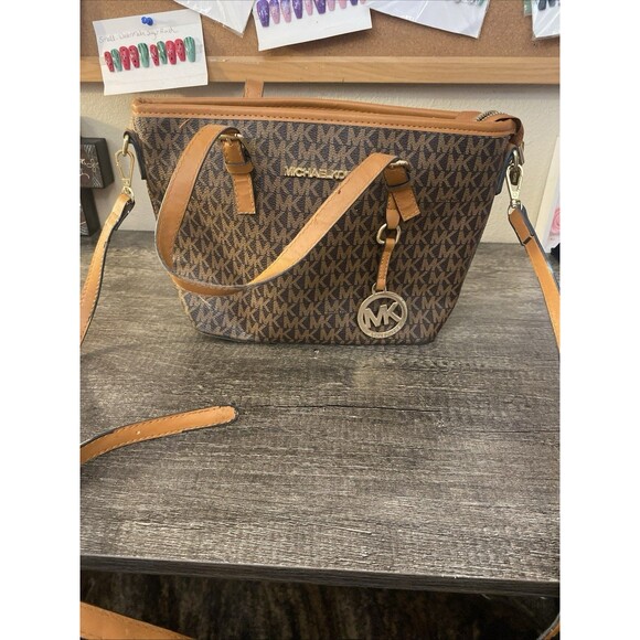 MICHAEL KORS JET SET TRAVEL XS CARRYALL TOTE SHOULDER BAG MK GLITTER GOLD/BROWN - Picture 2 of 8